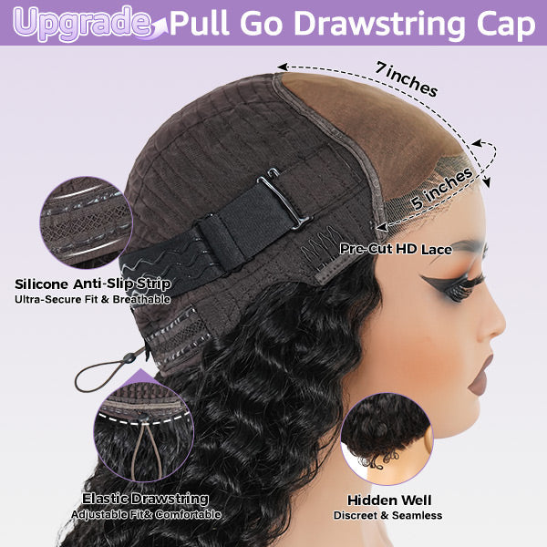 Burmese Curly Glueless Wig Bleached Knots Pre-cut Lace Wear Go Wigs With Elastic Drawstring