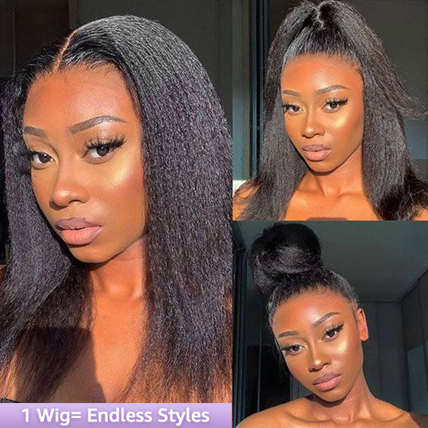 Kinky Straight Invisi-Drawstring Flexible Fit 360 Lace Front Glueless Wig With Bleached Knots