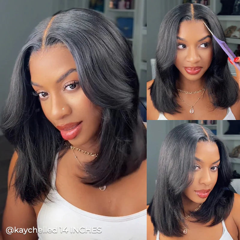 Tpart Wear Go Layered Cut Bob Yaki Straight Wig Natural Black Deep Part Lace Glueless Wig