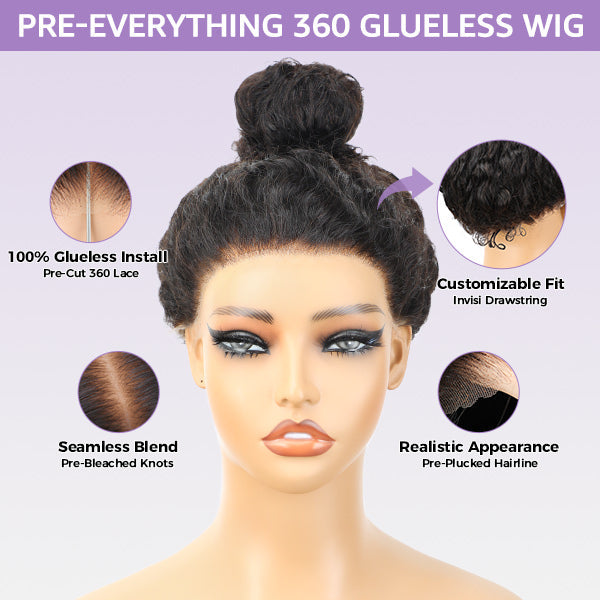Kinky Straight Invisi-Drawstring Flexible Fit 360 Lace Front Glueless Wig With Bleached Knots