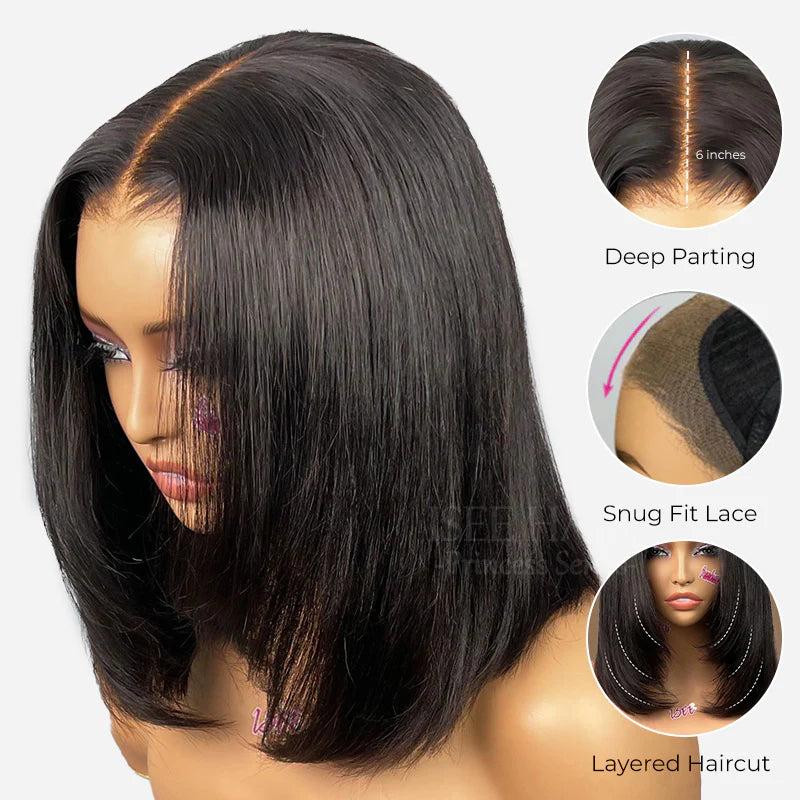 Tpart Wear Go Layered Cut Bob Yaki Straight Wig Natural Black Deep Part Lace Glueless Wig