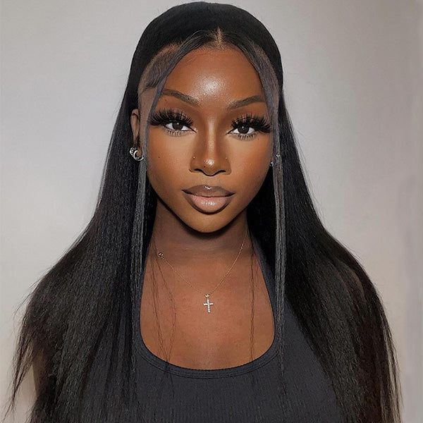 Kinky Straight Invisi-Drawstring Flexible Fit 360 Lace Front Glueless Wig With Bleached Knots