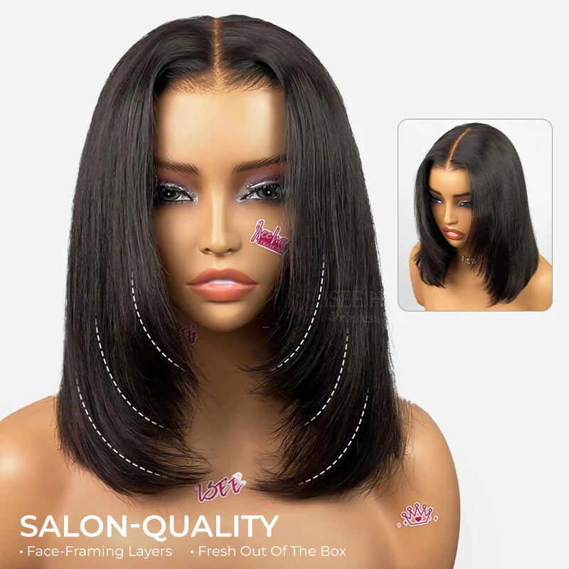 Tpart Wear Go Layered Cut Bob Yaki Straight Wig Natural Black Deep Part Lace Glueless Wig