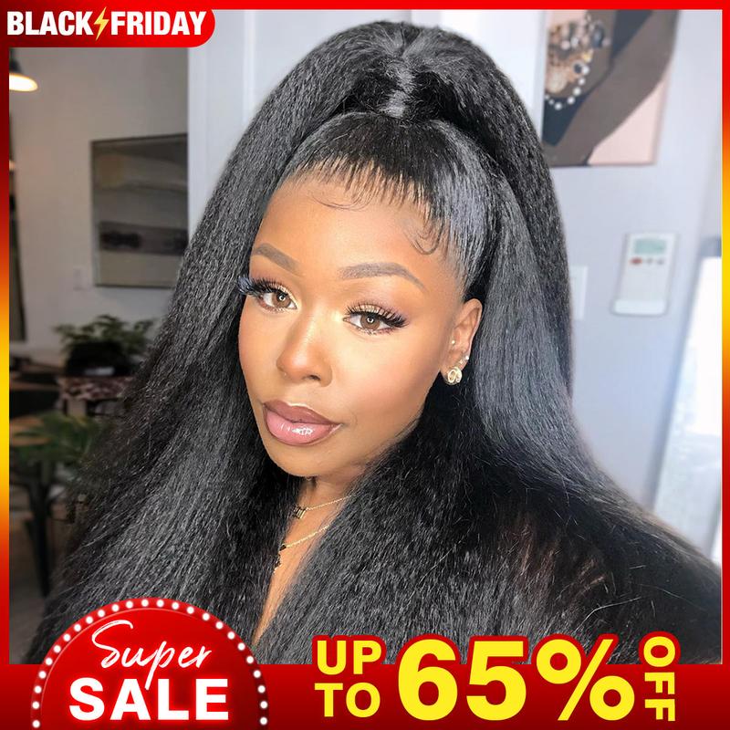 Kinky Straight Invisi-Drawstring Flexible Fit 360 Lace Front Glueless Wig With Bleached Knots