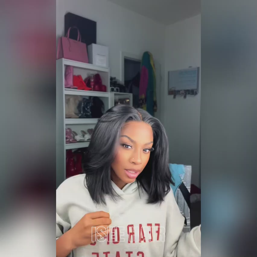 Load video: Tpart Wear Go Layered Cut Bob Yaki Straight Wig Natural Black Deep Part Lace Glueless Wig